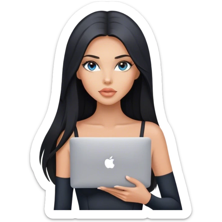 Glamours tanned very beautiful girl with pump peach nude lips and black straight smooth long hair, blue-grey eyes in black bodysuit with MacBook sticker