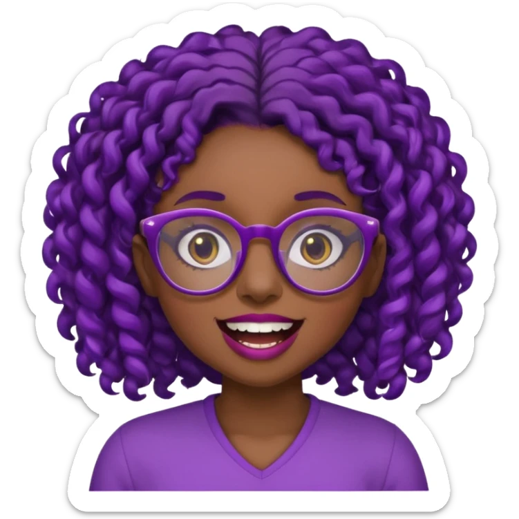 nerd emoji like with glasses showing only her 2 buck teeth but it’s a black girl with purple black curly hair face up only sticker