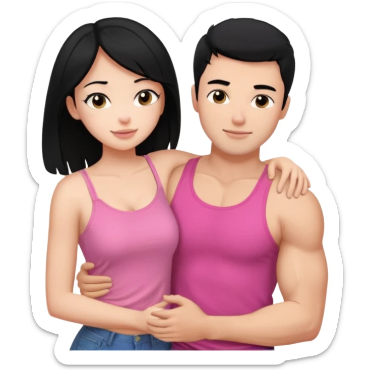 a pretty bratz fair girl. black hair, wearing a pink cami top hugging a handsome fair guy with black hair. lean but muscular who is wearing a black tee sticker