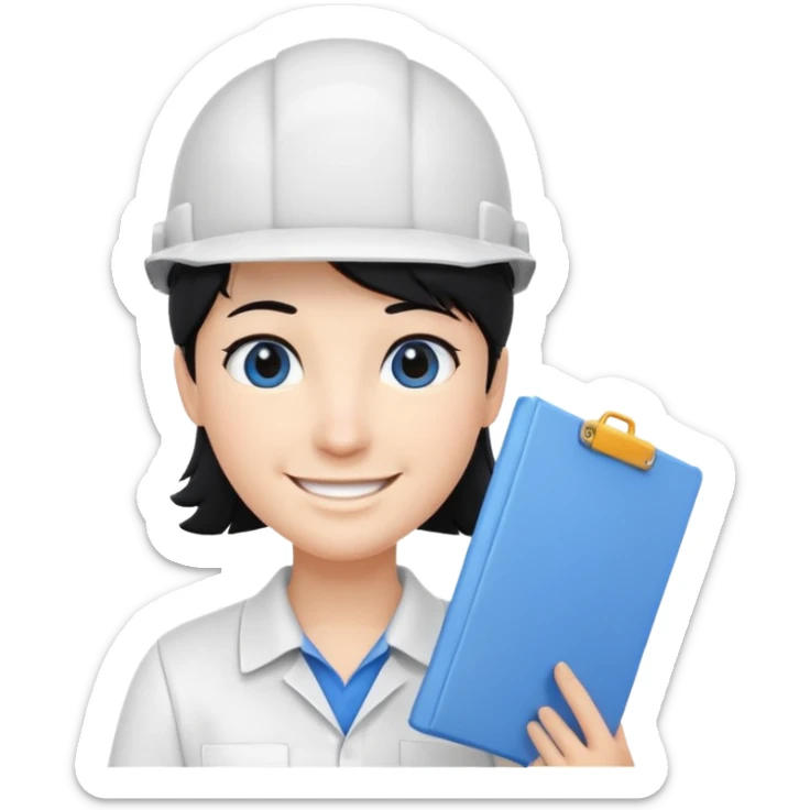engineer wearing white polo touch of white holding blue print, black hair with headgear sticker