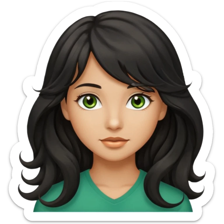 beautiful girl with black wavy long hair and side-swept bangs, tan skin, and greenish-hazel eyes sticker