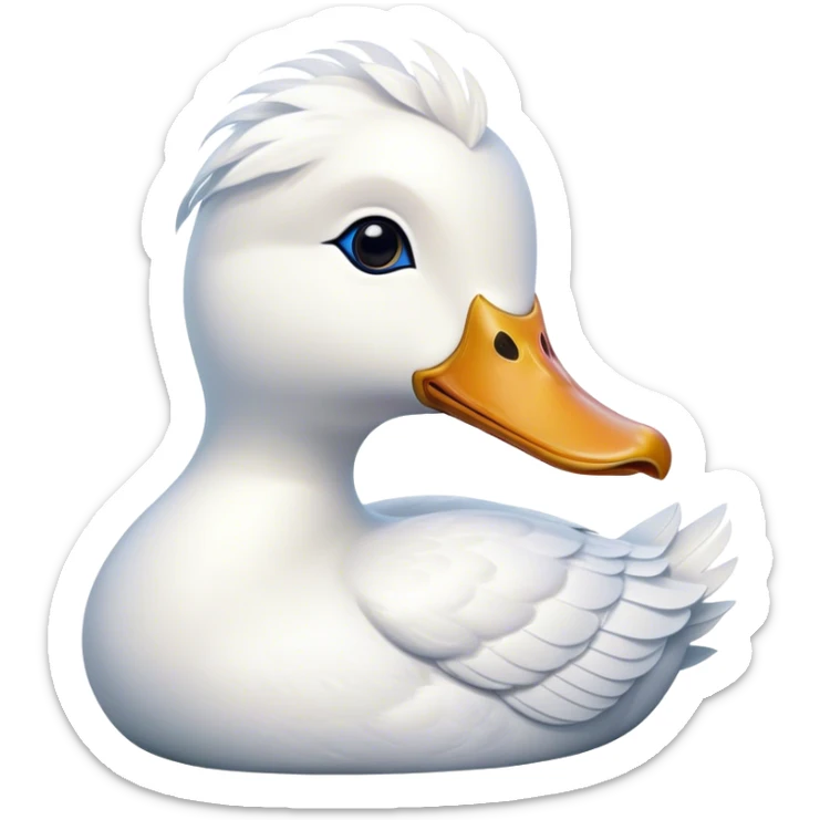Cinematic Noble White Duck Portrait Emoji, Poised and regal, with a sleek, streamlined build and a pristine, well-groomed pure white plumage, deep-set soulful bright eyes, Simplified yet sharp and sophisticated features, highly detailed, glowing with a soft, dignified glow, high shine, intelligent and graceful, stylized with an air of aquatic elegance, focused and attentive, soft glowing outline, capturing the essence of a watchful and confident waterfowl, so majestic it feels as though it could glide out of the screen with effortless authority! sticker