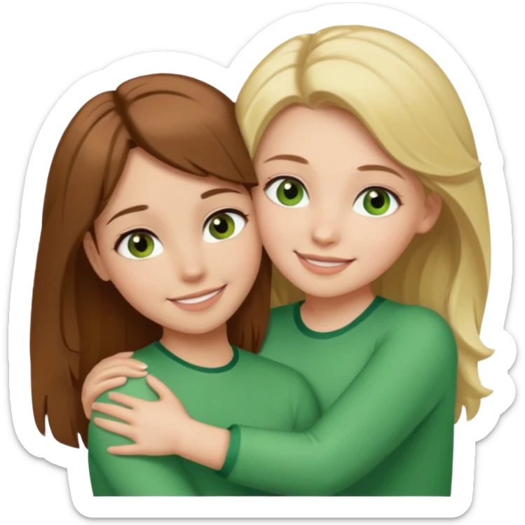 Maman : cheveux marrons, yeux marrons peau blanche fille cheveux blond yeux verts peau blanche qui se font un câlin  sticker