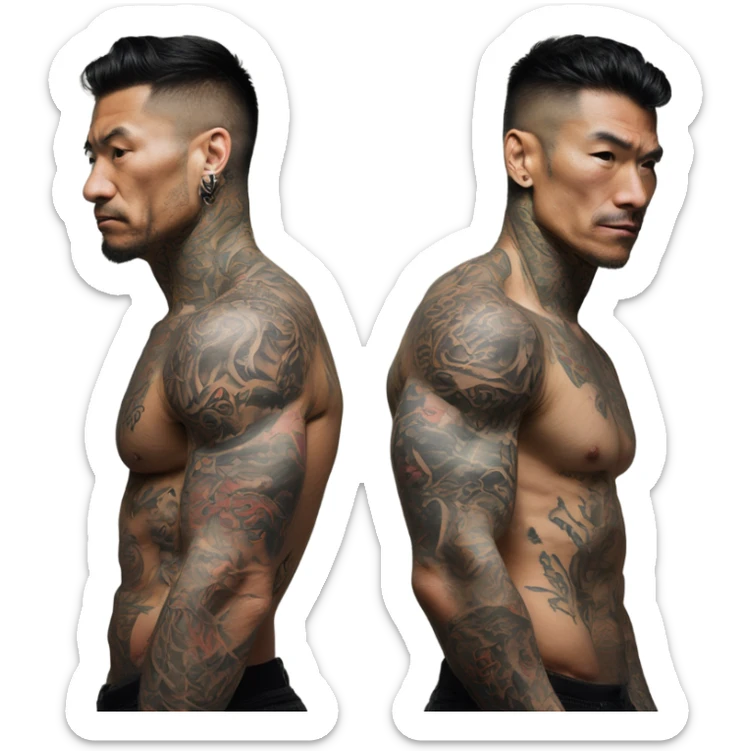 muscular male flexing tattooed chest with dragon tattoo on the chest and yakuza tattos on arms sticker