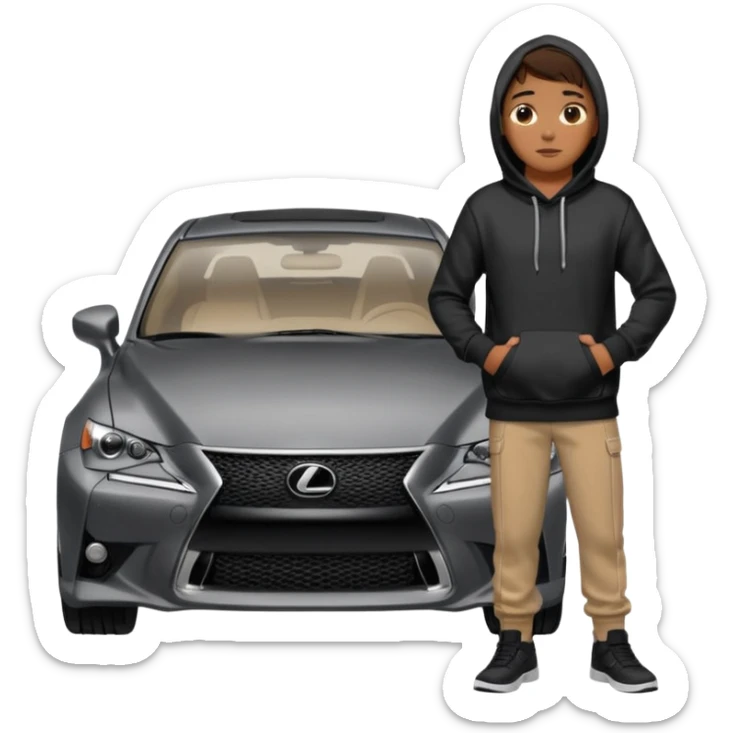 Person in black hoodie standing next to Gray Lexus IS300 f sport car sticker