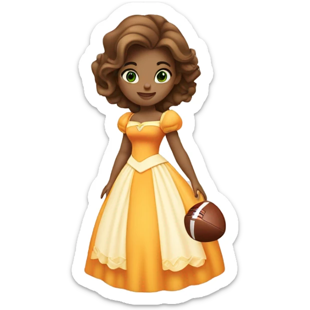 White Disney princess Belle with green eyes in orange and white dress holding a football sticker