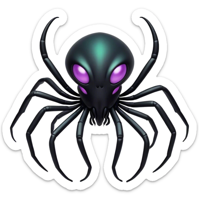 Clash of Clans aesthetic: Cinematic fierce arachnid Alien Emoji, rendered in a 3D vector-style similar to standard emojis with minimal shading and bold, simplified shapes. A compact, isometric, otherworldly creature with insectoid, organic details and subtle, eerie tentacles, softly glowing with a sinister alien charm. Simplified yet unmistakably iconic, highly detailed and consistent, glowing with a soft, spectral radiance and high shine. Stylized with a touch of bio-engineered mischief and a soft glowing outline, capturing the essence of a fearsome extraterrestrial menace with a playful twist! sticker