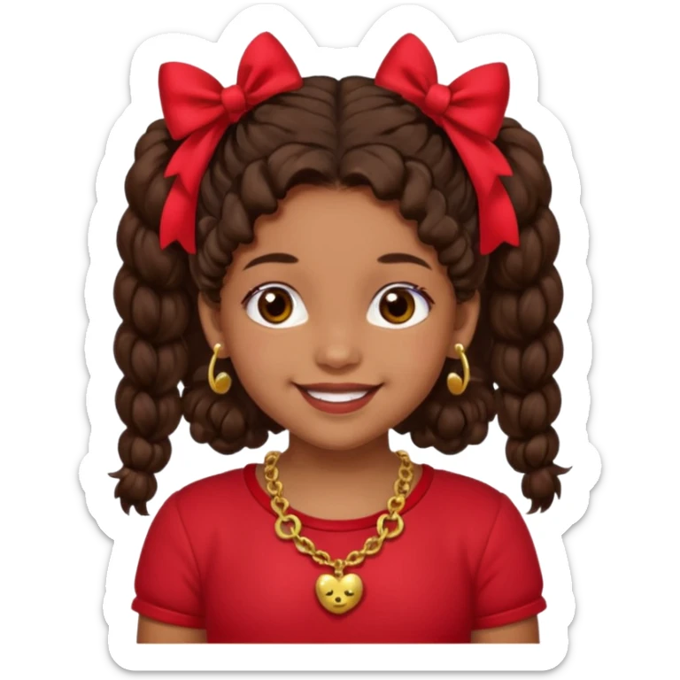 Brownskin girl dark brown hair fluffy. pigtails with red bows brown eyes smiling closed mouth red shirt gold esrrings gold necklace sticker