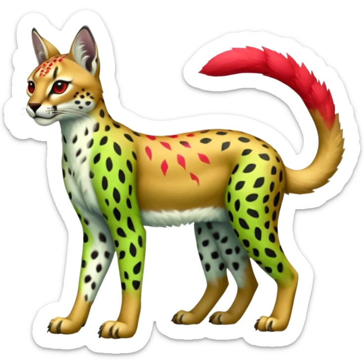 Colorful tropical exotic fruity kiwi-green lemony rosy neon-red Caracal-Cheetah-Serval-Snow-Leopard-Trico-Sergal-Vernid-fusion-hybrid-animal-creature, full body, with tribal markings sticker