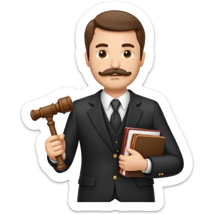 “Create a clean, modern emoji-style illustration of a male lawyer. He is wearing a formal suit jacket. He is holding a judge’s gavel in one hand and has a law book tucked under his arm. He has a mustache and beard! sticker