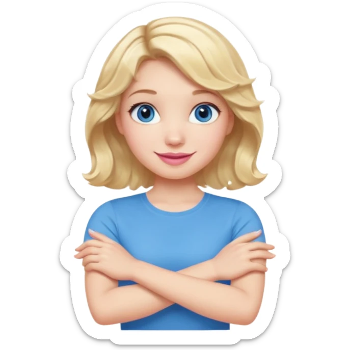 Girl Blonde short wavy hair,  blue eyes, cute blue top, long lashes, pink lips, smiling, making cross arms with arms  sticker