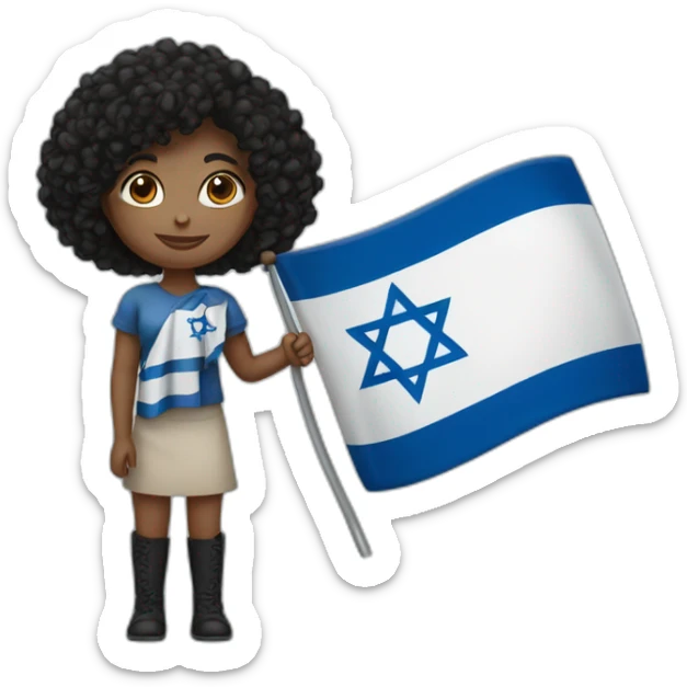 Girl with black curly hair who holding Israël flag sticker