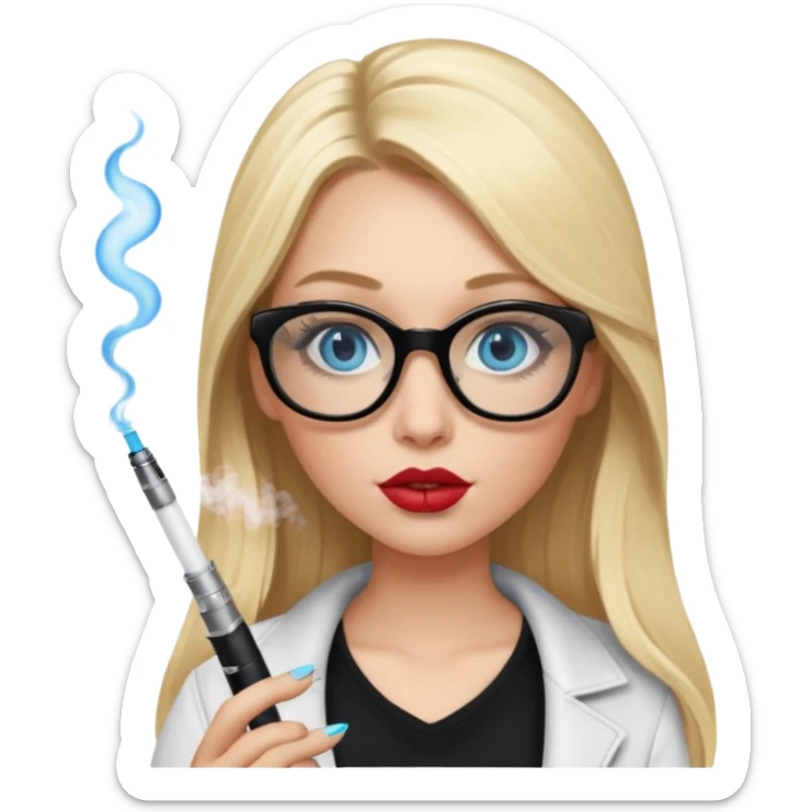 girl with blue eyes, blonde ling hair, black squared glasses, big lips, long eyelashes, and an electronic cigarette in her right hand sticker