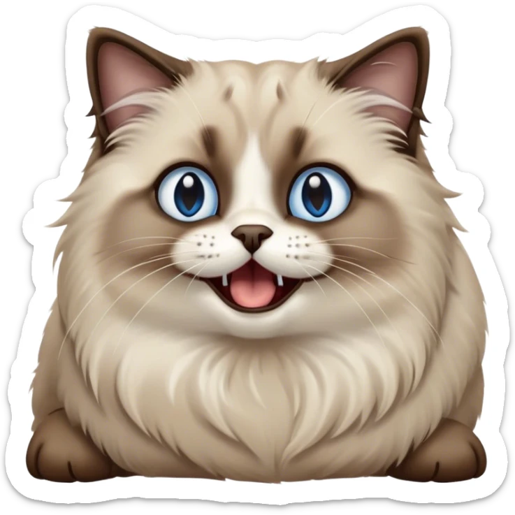 Cinematic Adorable Fluffy Brown Seal Ragdoll Cat Portrait Emoji, Head tilted cutely with big, sparkling blue eyes, soft brown seal-colored fur with darker points on the ears, face, and paws, Simplified yet irresistibly adorable features, highly detailed, glowing with a soft, warm glow, high shine, yawning in a peaceful and playful manner, stylized with a touch of whimsy, bright and endearing, soft glowing outline, capturing the essence of a relaxed and loving kitten, so cute it feels like it could leap out of the screen and stretch into a cozy nap! sticker