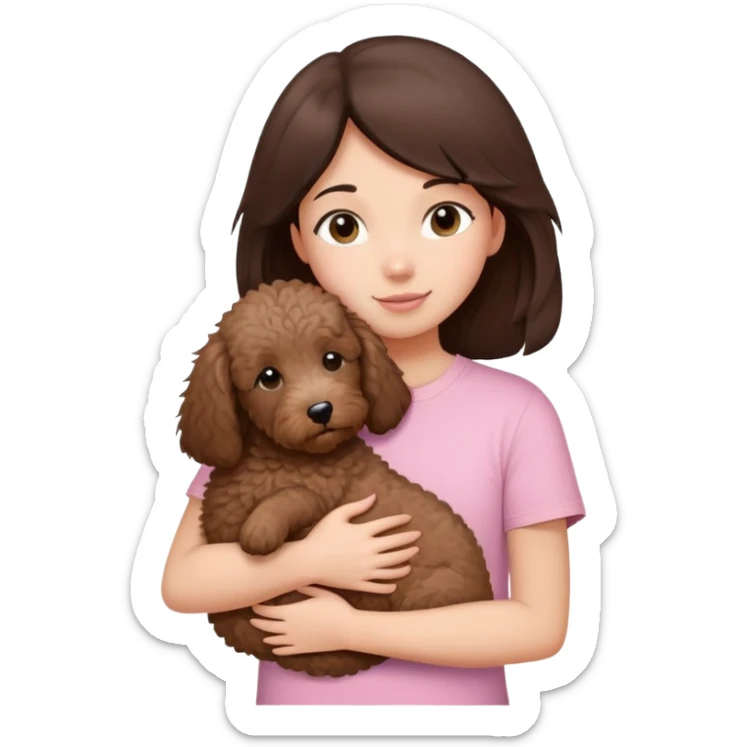 One girl with medium long dark brown hair dressing baby pink T-shirt, hugging One little brown coated labradoodle. sticker
