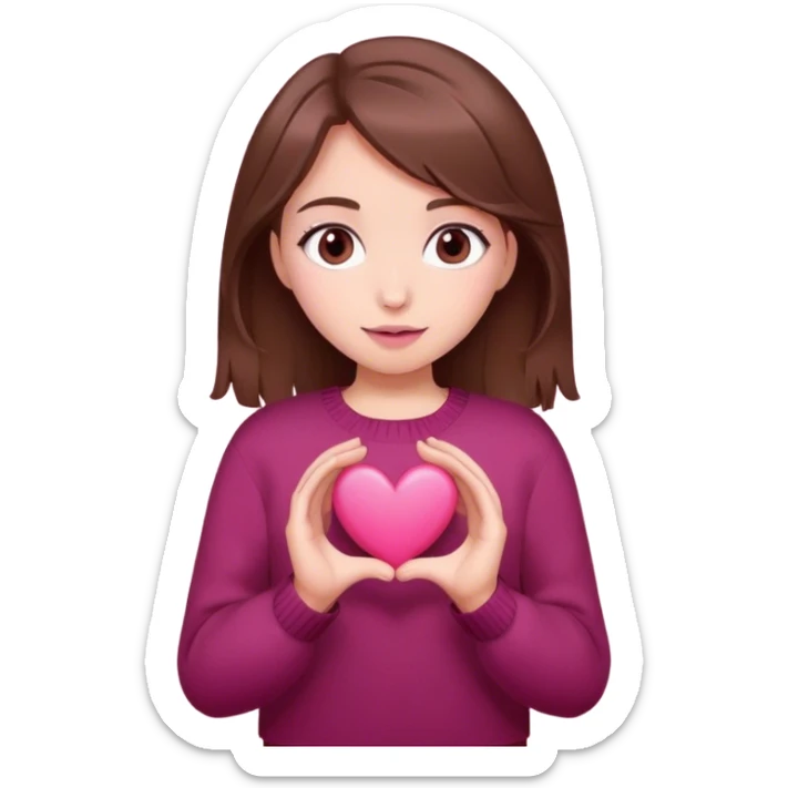A girl with brown hair smiles, gray eyes, wearing a burgundy sweater, holding a pink heart in her hands sticker