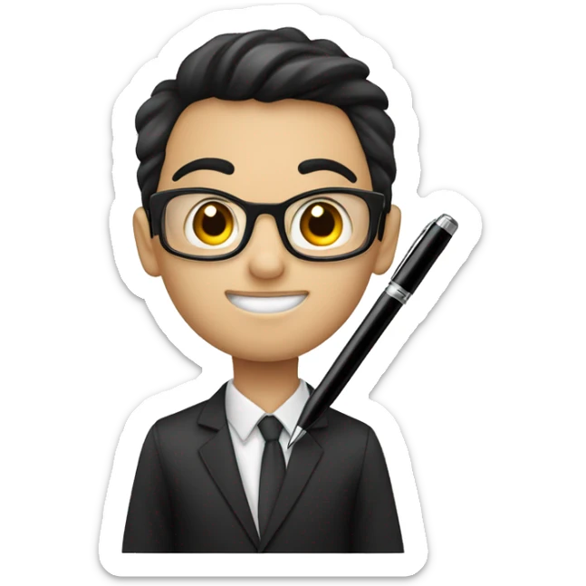 Een jongen met zwart haar met een bril met een pen in zn hand sticker