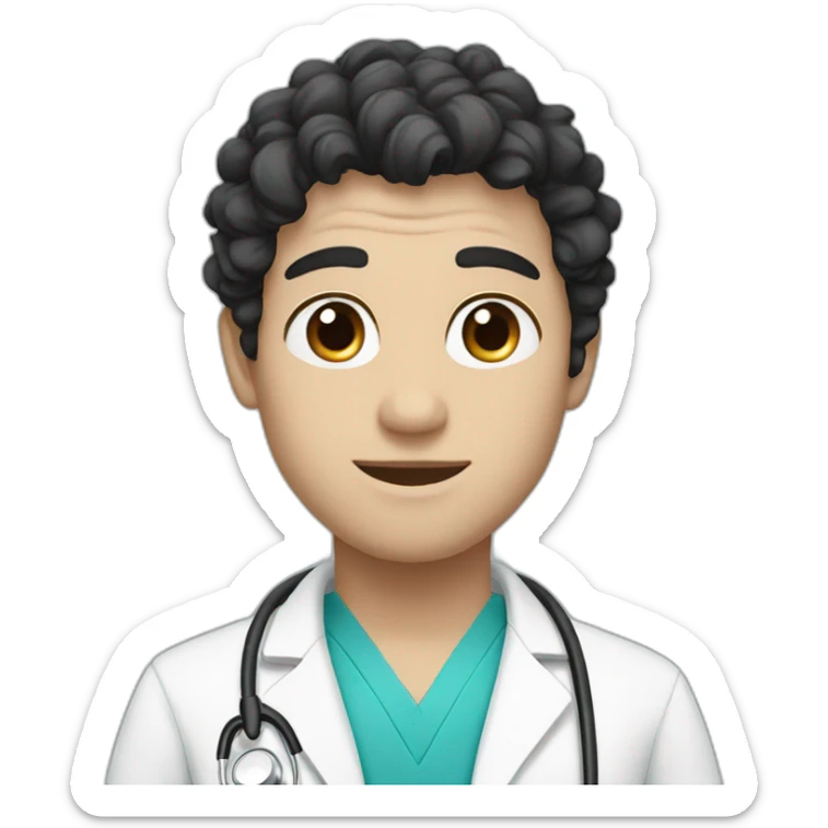male doctor, with blue eyes and black curly hair and white skin sticker