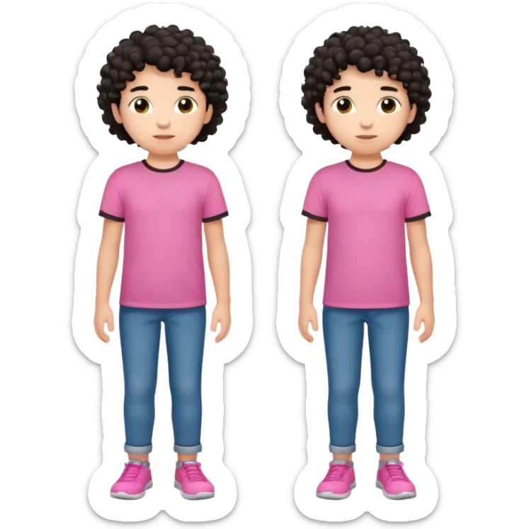 Kid boy wearing pink T-shirt, black curly hair, full body sticker