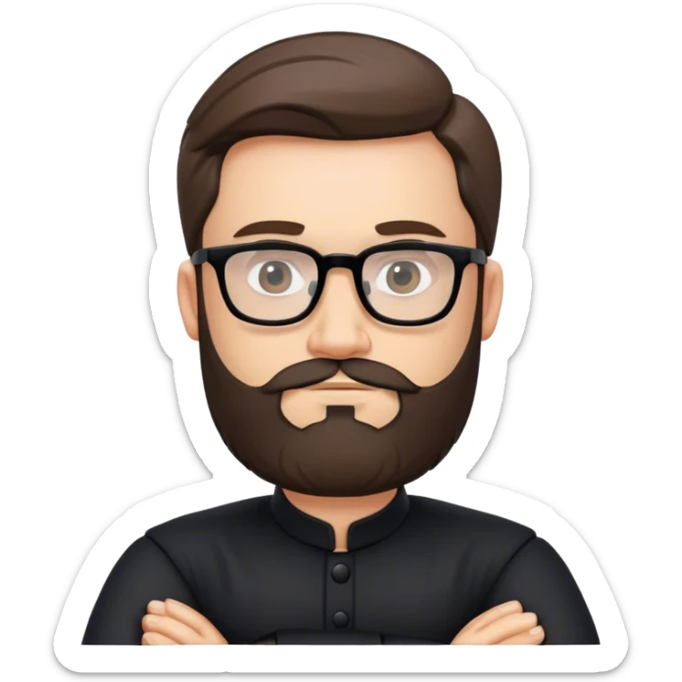 Emoji of a bearded man with glasses, wearing a black traditional outfit, arms crossed, confident expression, smooth and cartoon-like with a transparent background. sticker