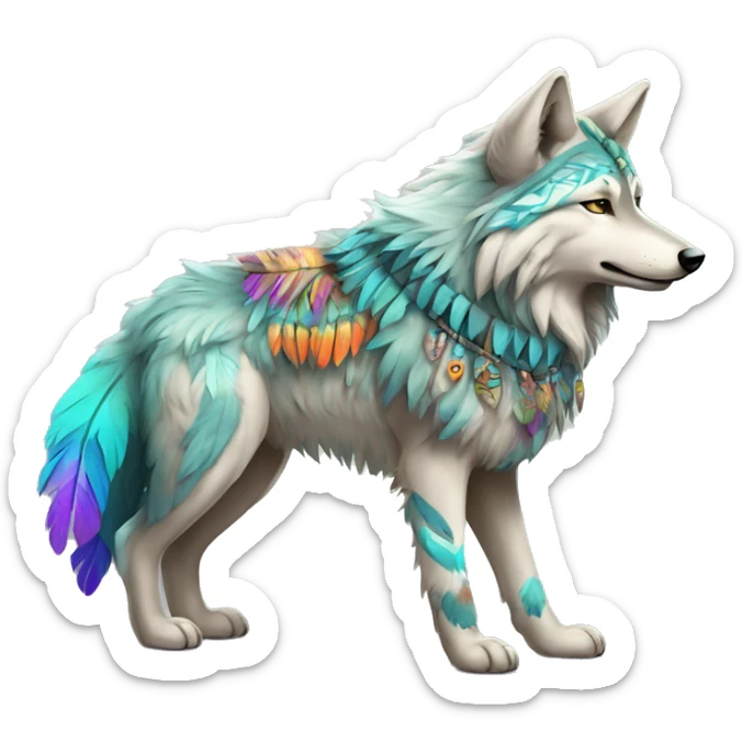 Fluffy Shy Colorful Spiritual Shamanic Wolf With Shiny Tribal Markings wearing feathers Full Body sticker