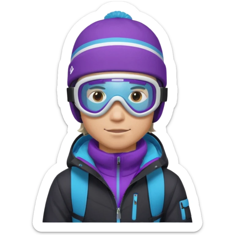 male Pro Snowboarder with white and grey beanie, ONE pair of purple and blue frameless goggles on and a black jacket sticker