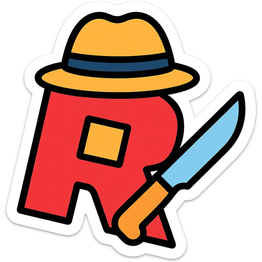 Roblox Murder Mystery logo with stylized R, knife and detective hat, color outline style sticker