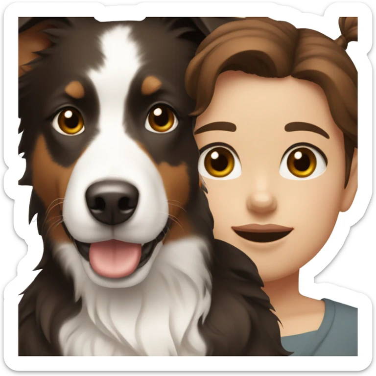 Girl with brown short hair and brown eyes and a white and black border collie sticker