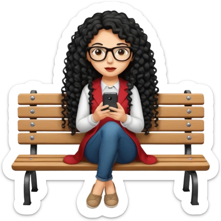 Bir bank uzerinde oturan siyah uzun kivircik sacli sexsi bir bayan gozunde gozluk elinde tlfnla yan oturmus ayak ayak ustune atmis bayan resmi sticker