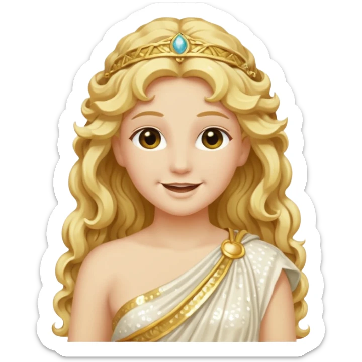 Psyche, Goddess of Soul from Roman Deities with long golden blonde wavy hair, ivory sequin toga sticker