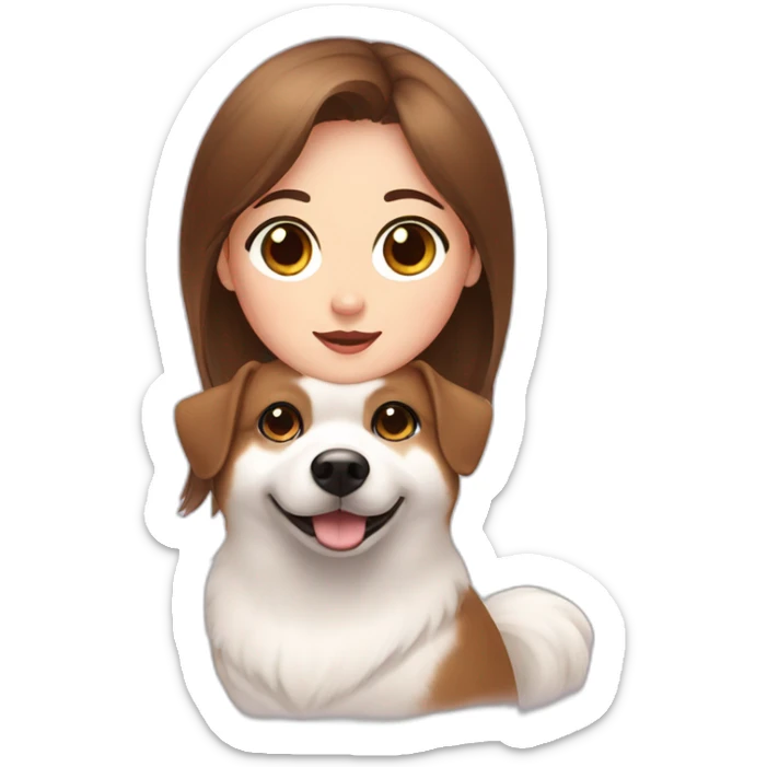 A girl with brown hair and brown eyes with a white pomerania with a black spot in the eye  sticker