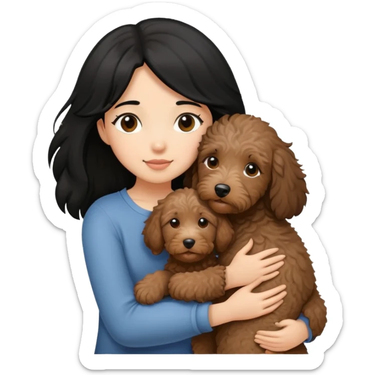 a girl with medium long black hair, hugging a little brown coated labradoodle. sticker
