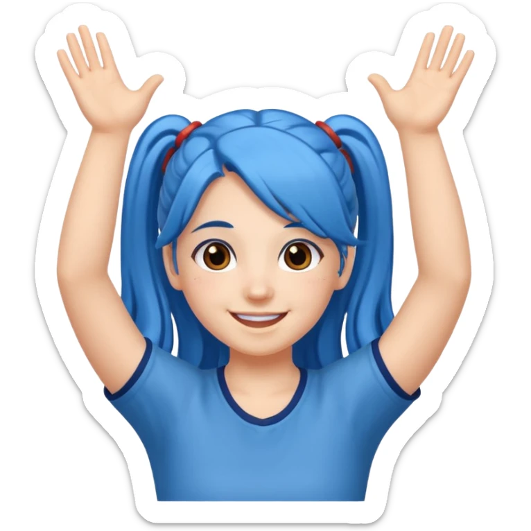 long blue hair girl in pig tails with brown eyes arms up celebrating sticker