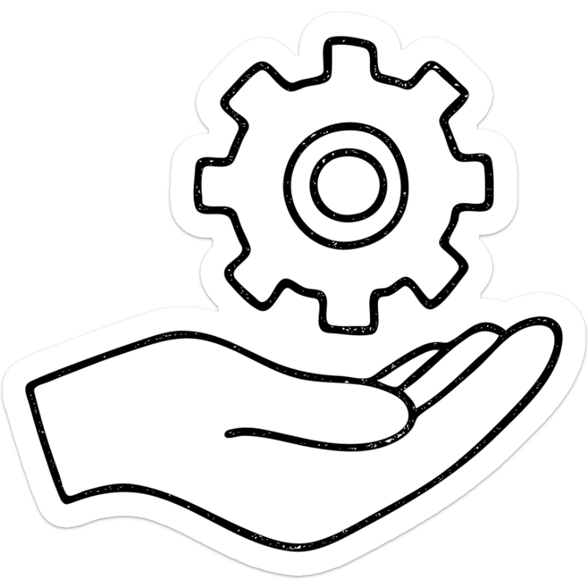 hand drawn outlined hand holding a cog icon sticker