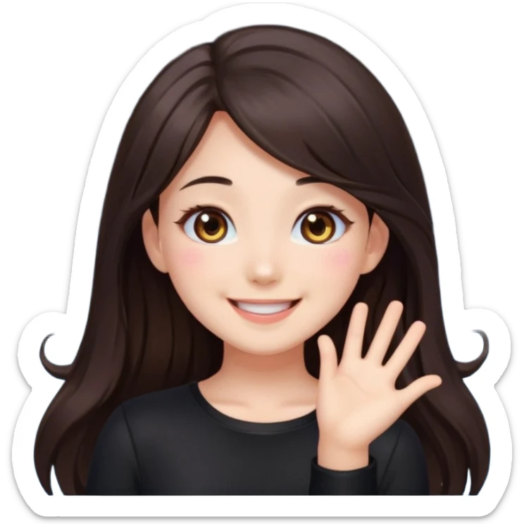 kawaii streamer girl, brunette, brown eyes, long dark hair, black outfit, smiling, sparkling eyes, blushing cheeks, happy expression, small stars around, emoji icon sticker