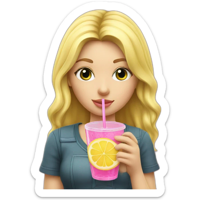 blonde girl straw drinking pink lemonade with one green lemon in the cup, with black watch sticker
