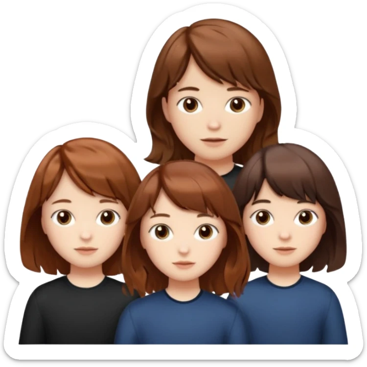 Two girls and a boy. Girl one has long, wavy, light to reddish-brown hair with bangs. Girl two has a dark-colored bob haircut. The boy has wavy, tousled, light to reddish-brown hair with a right side parting. sticker
