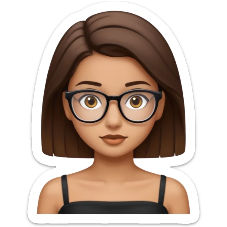 Imagine a pretty girl with slightly light brown skin with big brown eyes and glasses. She has straight brown hair in a slick back and is wearing a black tube top sticker