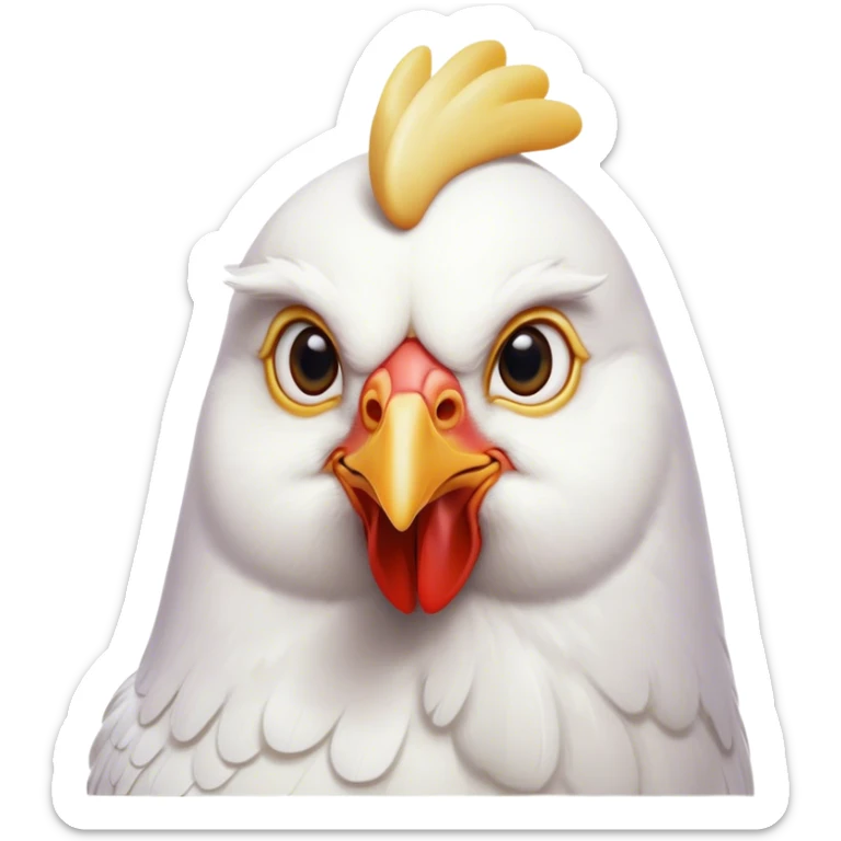 Cinematic Noble White Chicken Portrait Emoji, Poised and regal, with a compact, sturdy build and a pristine, well-groomed pure white plumage, deep-set soulful beady eyes, Simplified yet sharp and sophisticated features, highly detailed, glowing with a soft, dignified glow, high shine, intelligent and alert, stylized with an air of barnyard elegance, focused and attentive, soft glowing outline, capturing the essence of a watchful and confident fowl, so majestic it feels as though it could strut out of the screen with effortless authority! sticker