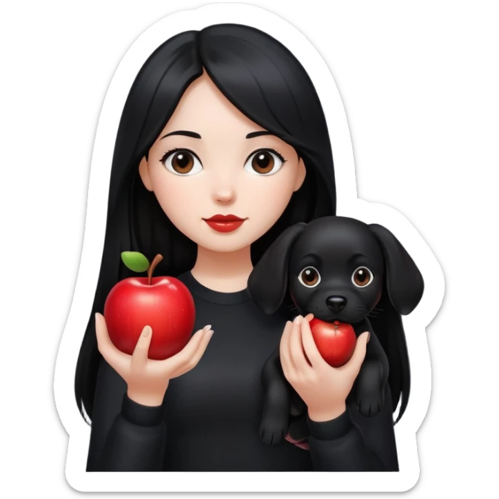 A girl with long black hair wearing black clothes holding a black dog in one hand and an apple in the other hand sticker