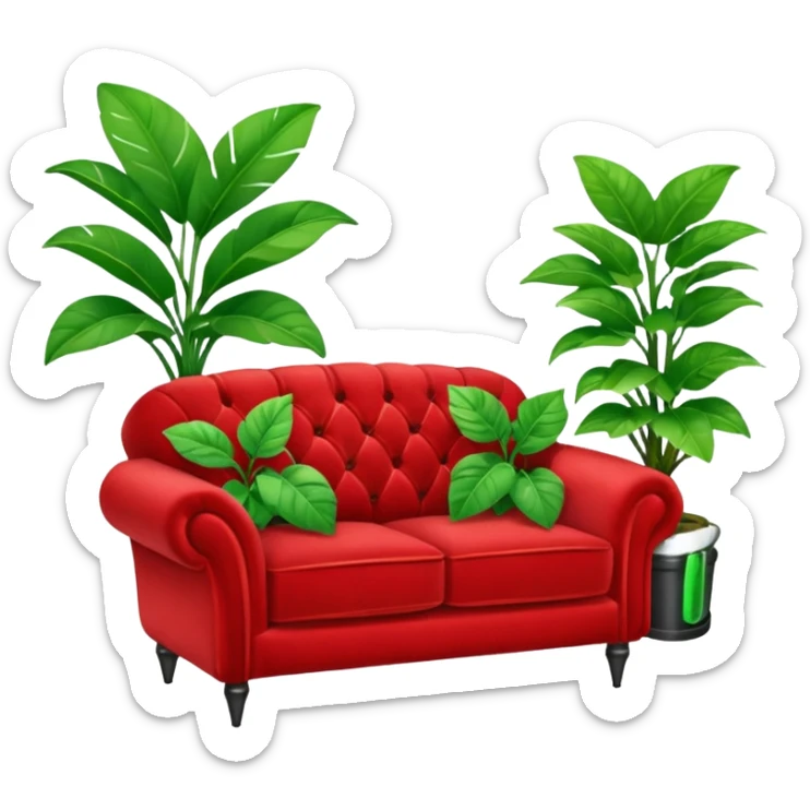 red velvet couch with a mic in front and a houseplant in the background sticker