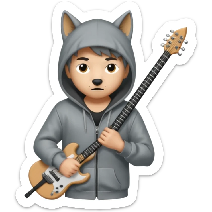 Wolf Cut boy wearing hoodie with a katana on his back and a guitar behind him sticker
