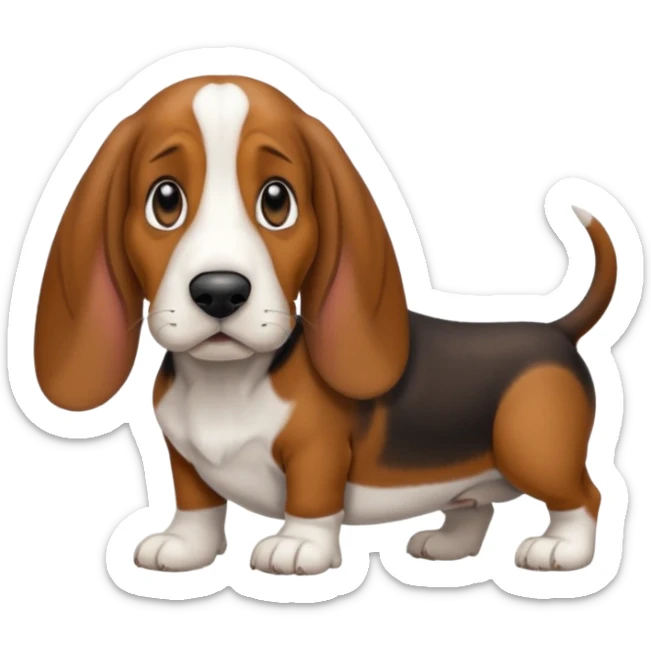 Basset hound with smaller ears, brown face black nose and black ears. White belly chest and feet sticker