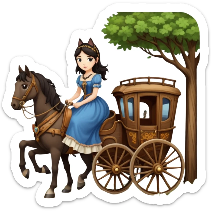  Rustic wood detailed 1854 pretty dark-haired Catgirl driving a huge horse-drawn stagecoach Caravan alone on a romantic trail in the woods  sticker