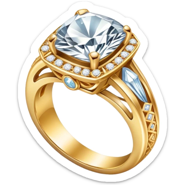 Create a bright and detailed icon representing jewelry art and the craft of making jewelry. The design should feature elements like a sparkling diamond, a gold ring, a jeweler’s tools (such as pliers and a workbench), and some delicate detailing that conveys craftsmanship and luxury. The icon should be clean, vibrant, and visually striking, with a balance of sophistication and creativity. sticker