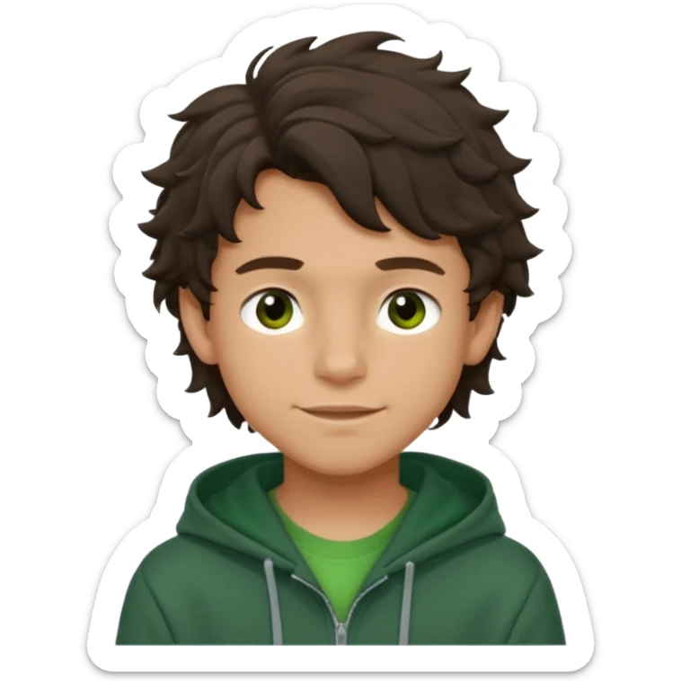 a 14 year old slightly tanned teenage boy with dark brown tousled wavy hair, dark brown eyes wearing a green tshirt, with a dark green hoodie overcoat. smirking. full body sticker