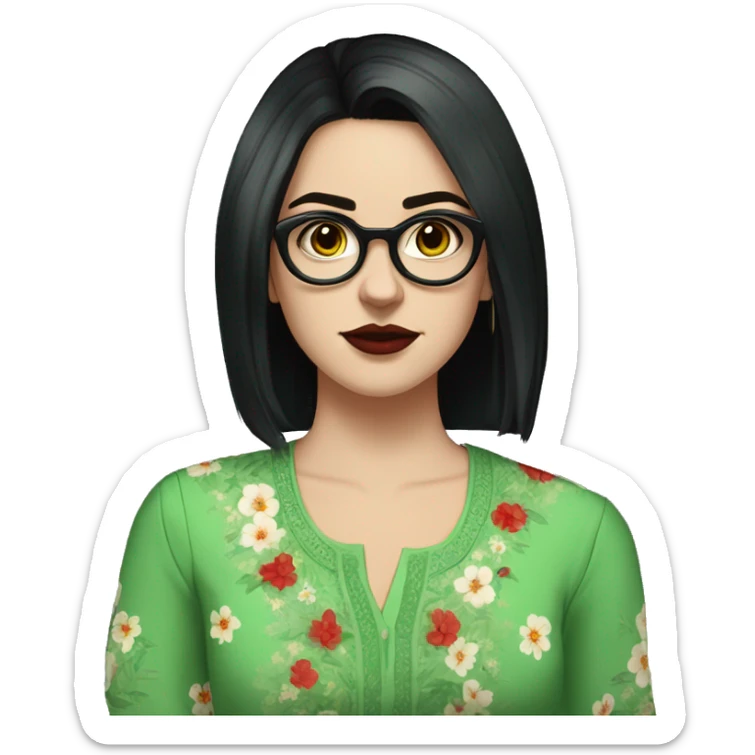 White girl in a green kurta with flower design, glasses, alot of piercing, gay, red lips, nose ring, full body, short straight black edgar hair, black straight hair sticker