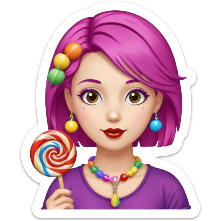 colorful hair woman with candy accessories, not holding a candy sticker