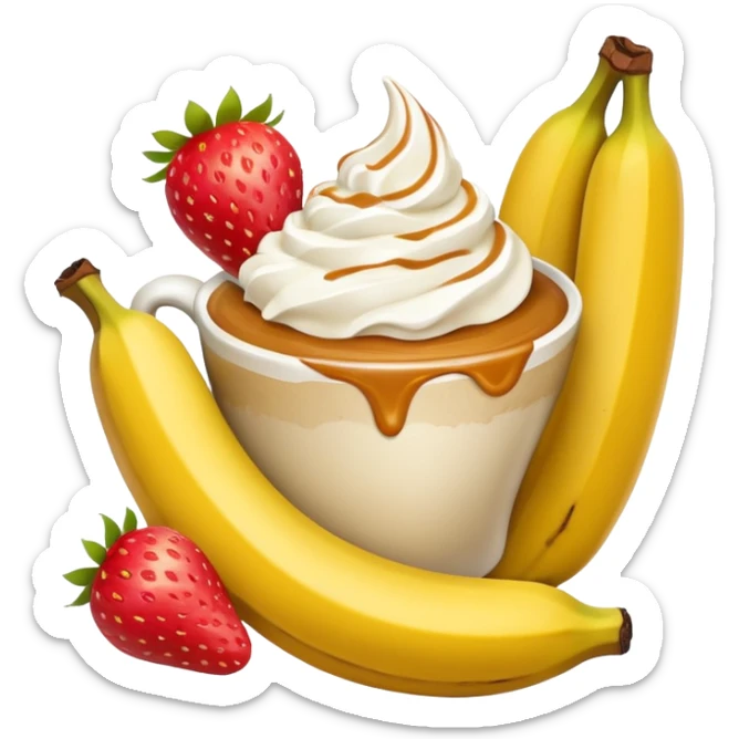 Coffee caramel, whip, whipped cream, a big banana sticking out of it with two cherries by the half un peeled banana sticking out instead of cherries make them strawberry’s right next to the un peeled banana at the base sticker