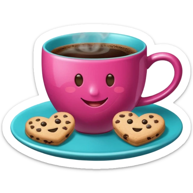 cup of coffee, steaming, the smoke should come out in the shape of a heart, the color of the cup is fuchsia, the cup has a happy face printed on it, the cup rests on a turquoise blue plate, and there are cookies and sugar cubes around the cup. sticker
